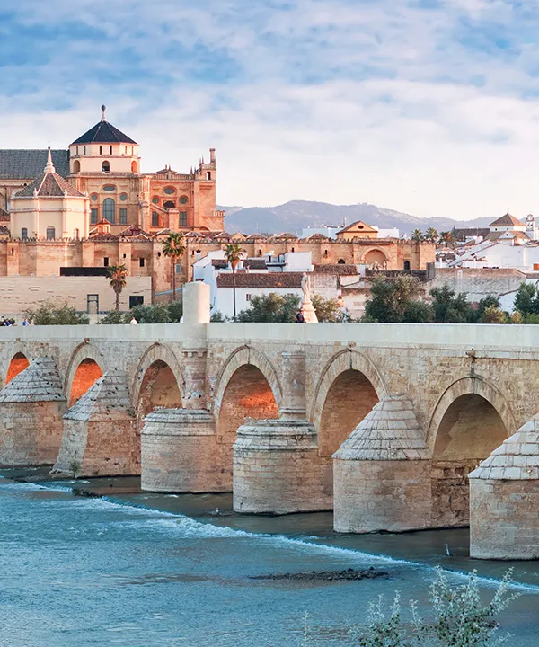 Puente de piedra sobre r&iacute;o con edificio hist&oacute;rico al fondo y cielo azul.