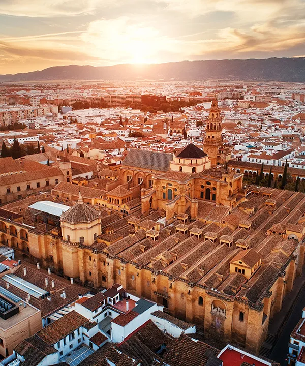 Vista a&eacute;rea de una catedral al atardecer con ciudad y monta&ntilde;as al fondo.