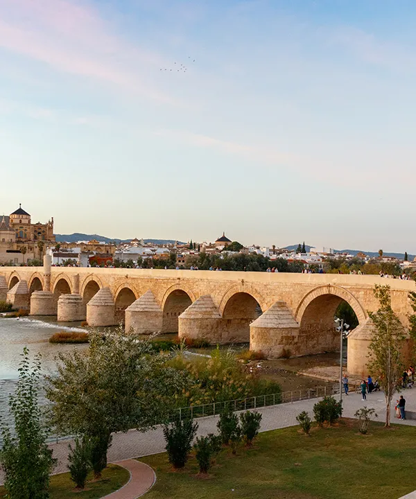 Puente de piedra sobre un r&iacute;o con una ciudad al fondo al atardecer.