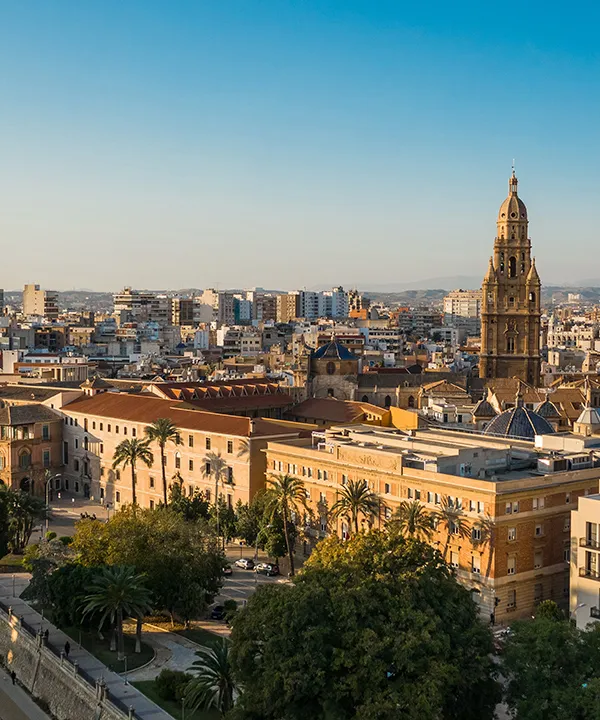 Vista panor&aacute;mica de una ciudad con edificios hist&oacute;ricos al atardecer.