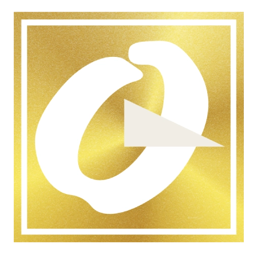 Logotipo dorado con forma de &oacute;valo y tri&aacute;ngulo en el centro.