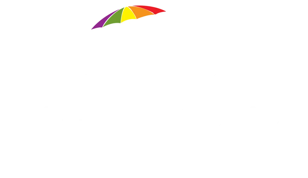 Logo con sombrilla colorida, camastro y texto "Blue Chairs Resort".