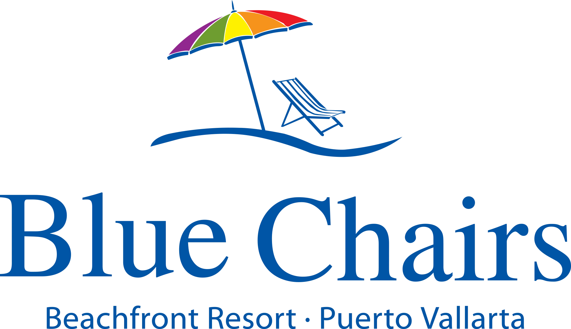 Logo de Blue Chairs Beachfront Resort con sombrilla y silla de playa.
