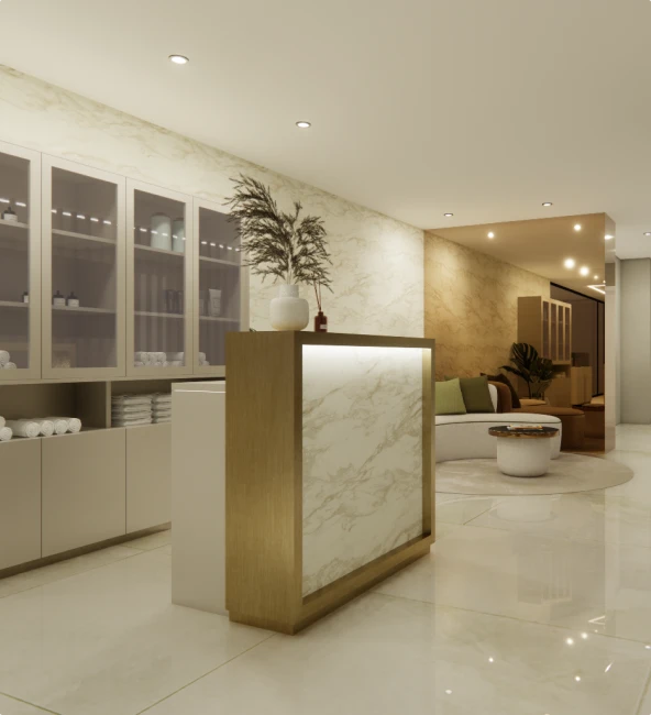 Elegant modern reception area with marble and neutral decor.