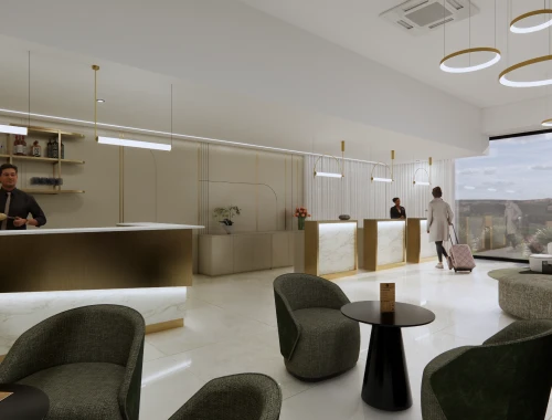 Modern hotel lobby with people checking in and sleek, minimalistic decor.