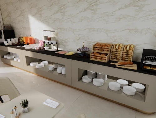 Breakfast buffet with pastries, cereals, and drinks on a counter in a bright room.