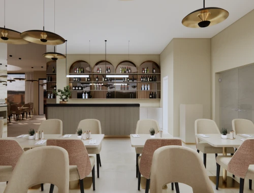 Modern dining area with beige chairs and a bar with shelves in the background.