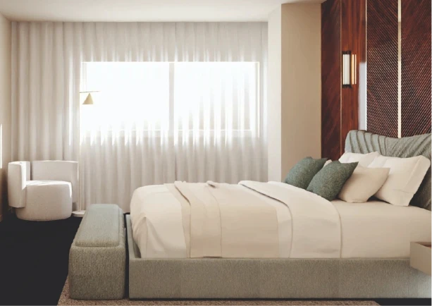 Modern bedroom with large bed, cushions, and soft lighting.
