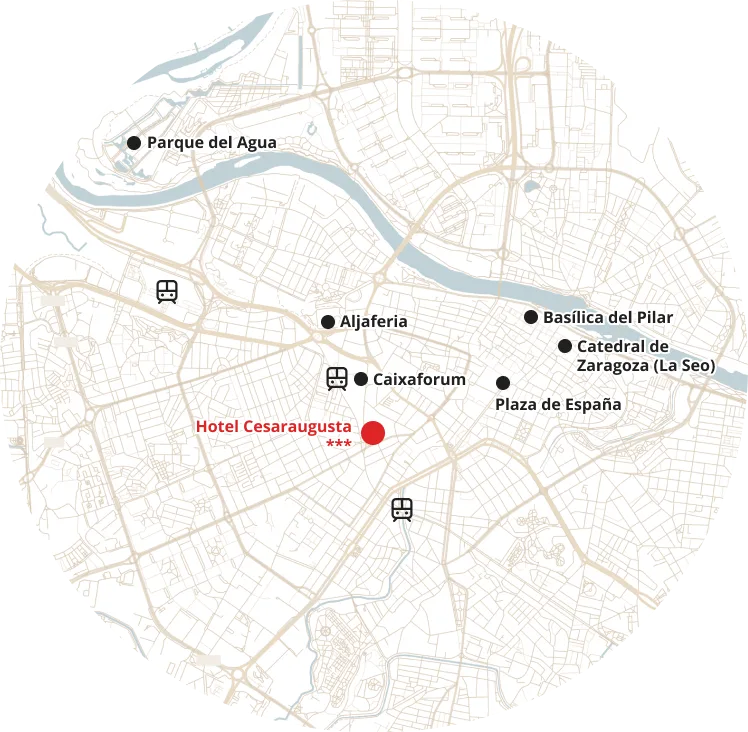 Mapa de Zaragoza con ubicaci&oacute;n del Hotel Cesaraugusta y puntos de inter&eacute;s.