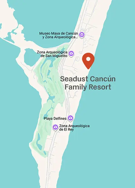 Map showing Seadust Canc&uacute;n Family Resort near Cancun, Mexico.