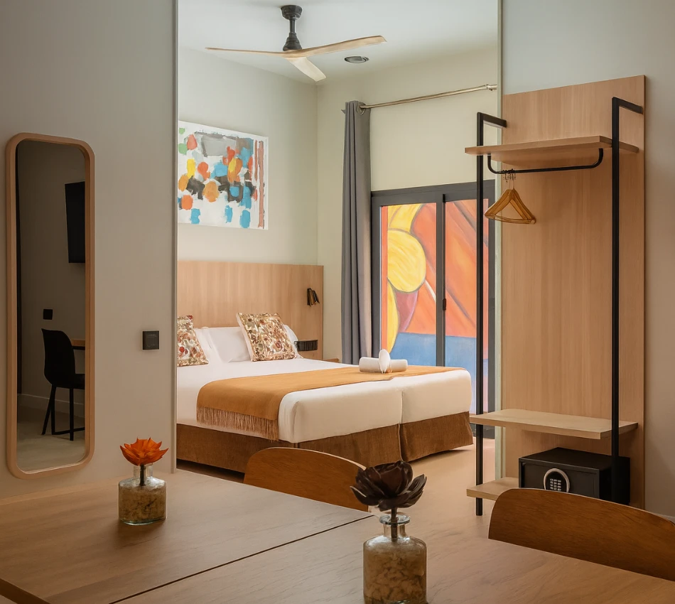 Habitaci&oacute;n moderna con cama, espejo, arte abstracto y ventanal colorido.