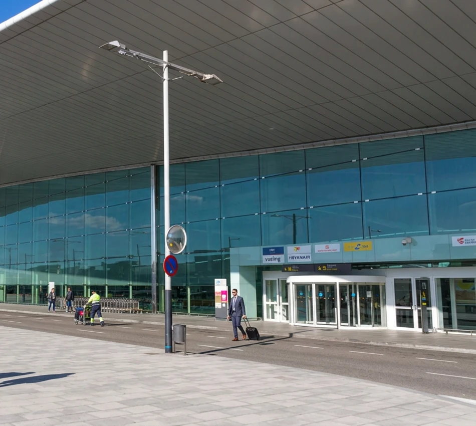 Entrada de un aeropuerto moderno con personas y maletas en el exterior.