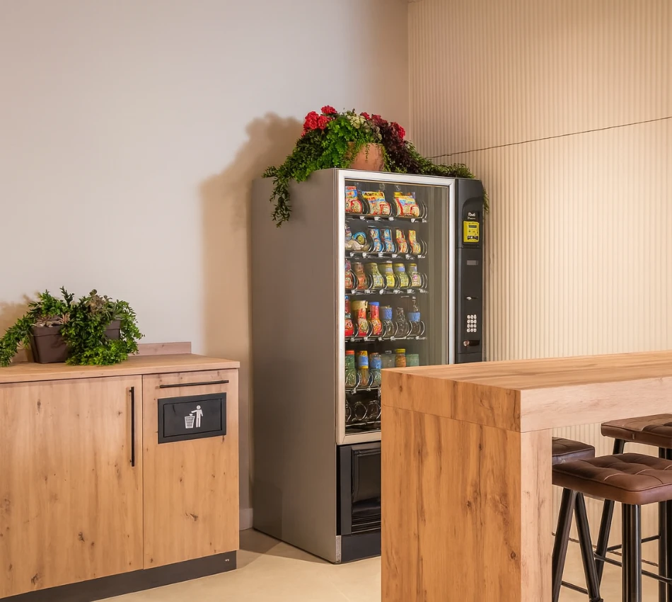 M&aacute;quina expendedora junto a muebles de madera y plantas decorativas.