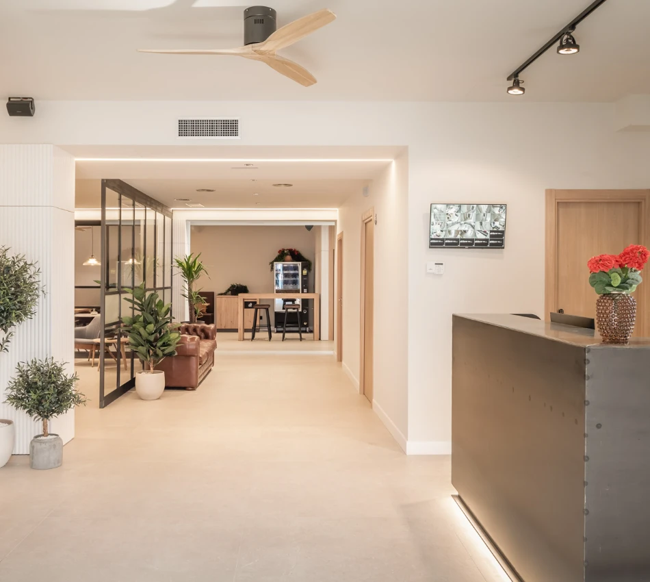 Recepci&oacute;n moderna y luminosa con muebles de dise&ntilde;o y plantas decorativas.