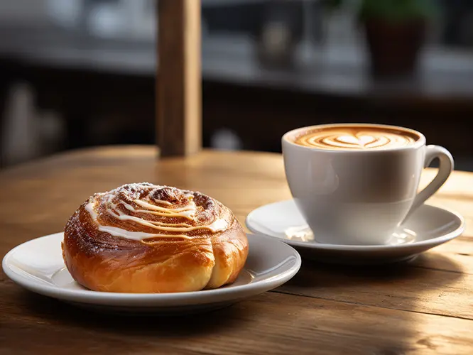 Pan dulce y caf&eacute; con arte latte sobre una mesa de madera.