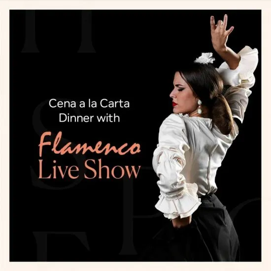 Mujer bailando flamenco con traje blanco y cartel &ldquo;Flamenco Live Show&rdquo;