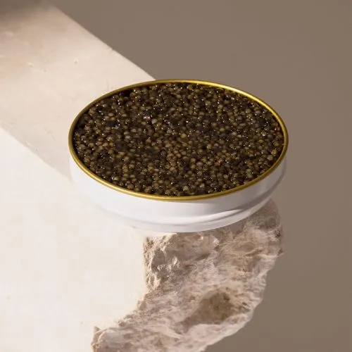 Cubo con granos negros de caviar sobre un fondo claro, con humo.
