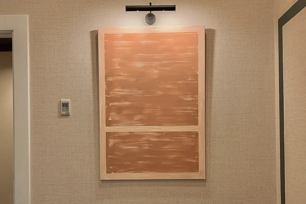 Ventana con persiana marr&oacute;n, pared beige y luz cenital en interior