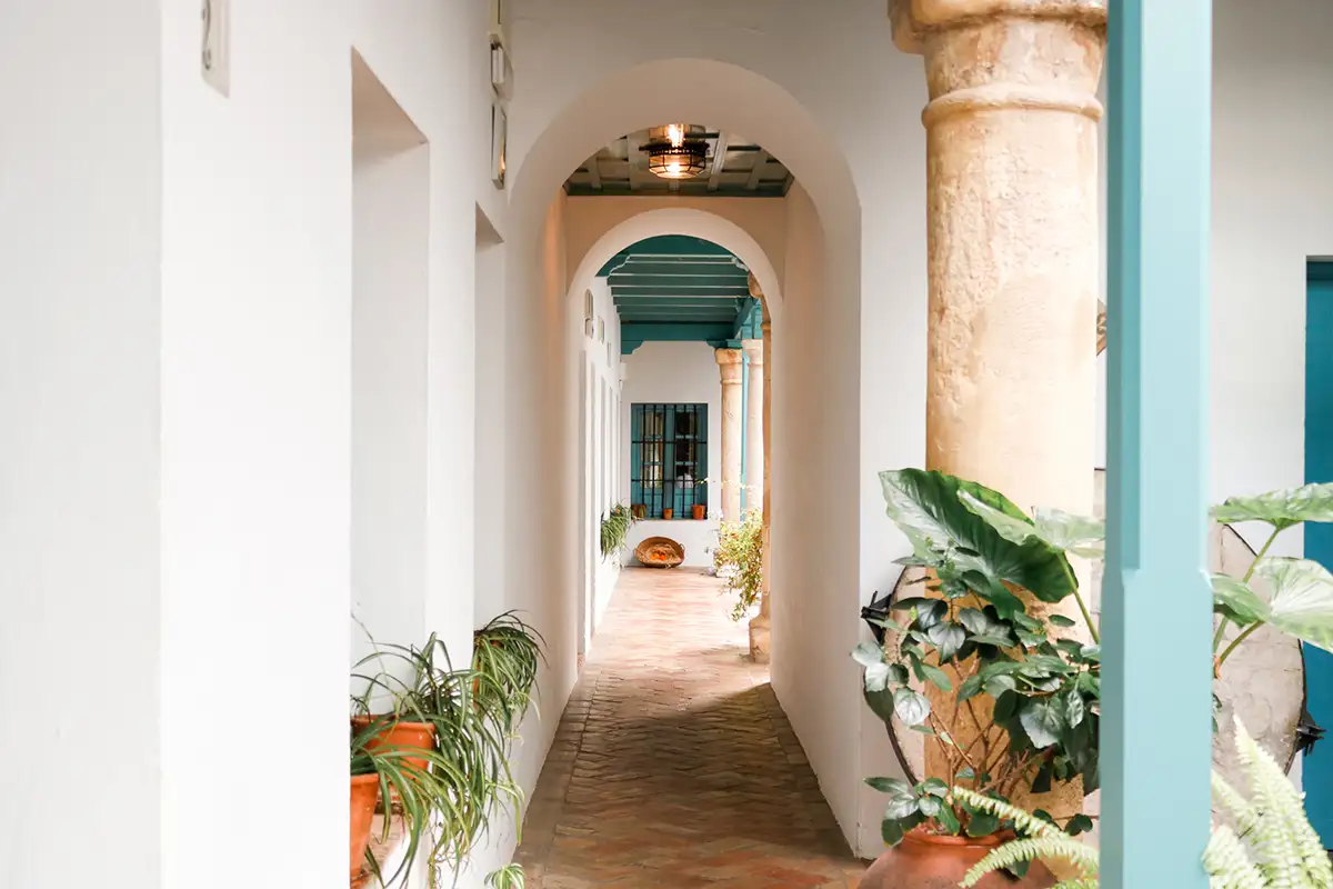 Pasillo con arcos blancos, columnas y plantas en un patio luminoso
