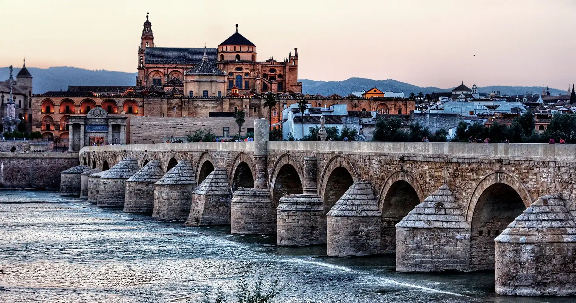 Puente fortificado y catedral de estilo g&oacute;tico sobre el r&iacute;o, al atardecer.