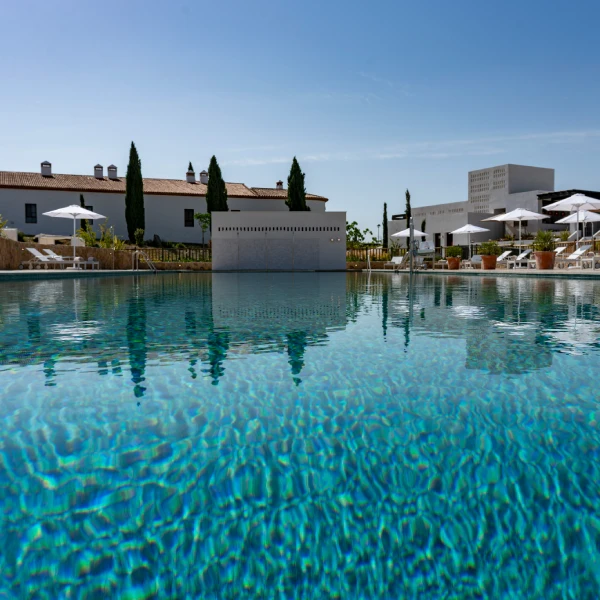 Piscina con agua turquesa, tumbonas y sombrillas, junto a edificios.