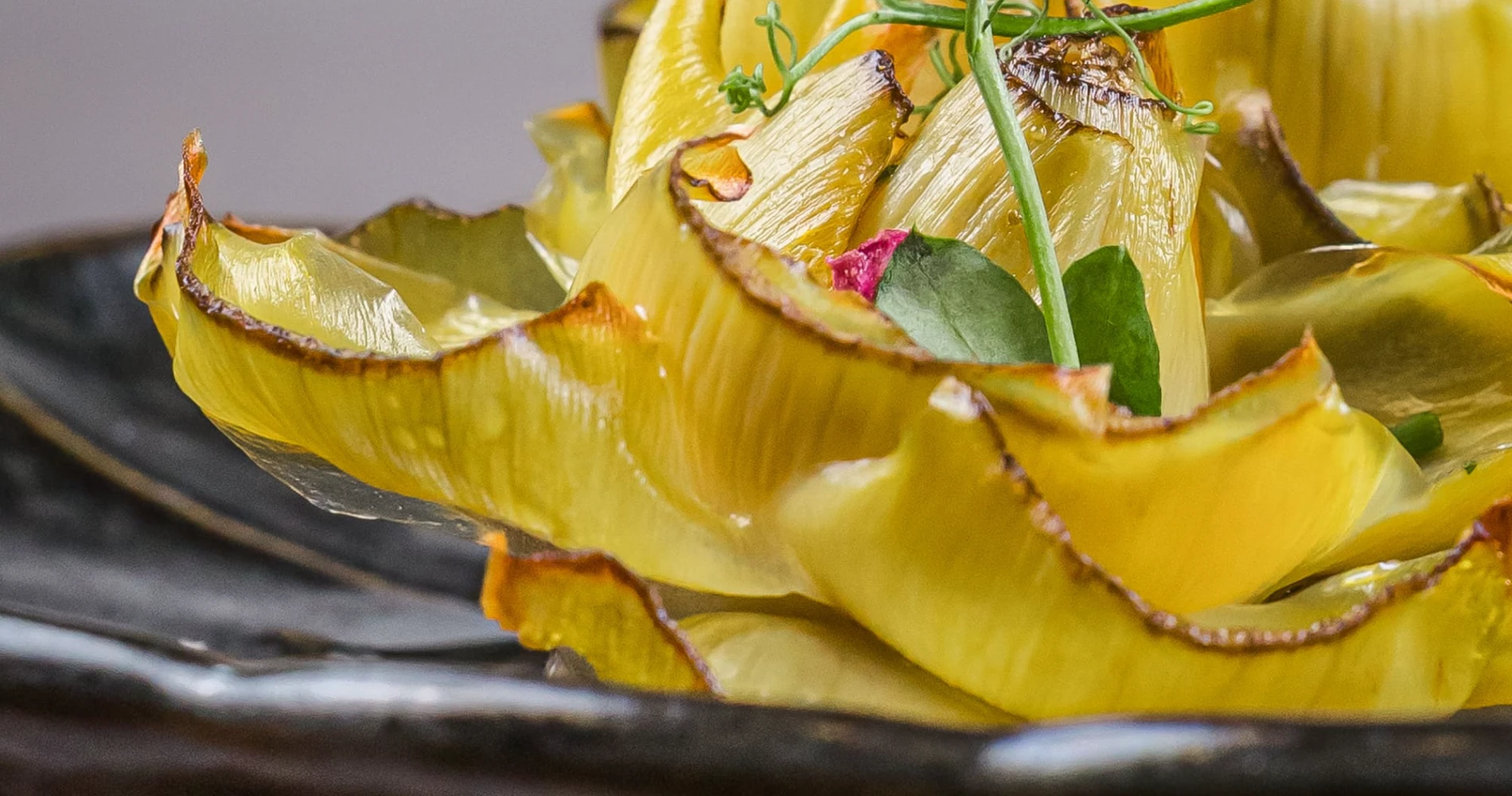 C&aacute;scara de pepino amarillo con hierbas y tallos, sobre plato negro.