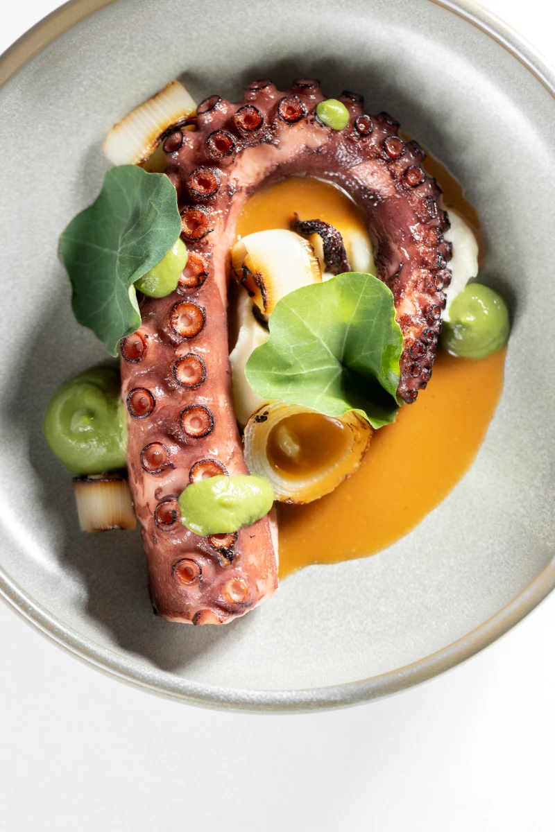 Pulpo a la parrilla con guisantes, hojas verdes y crema naranja en plato