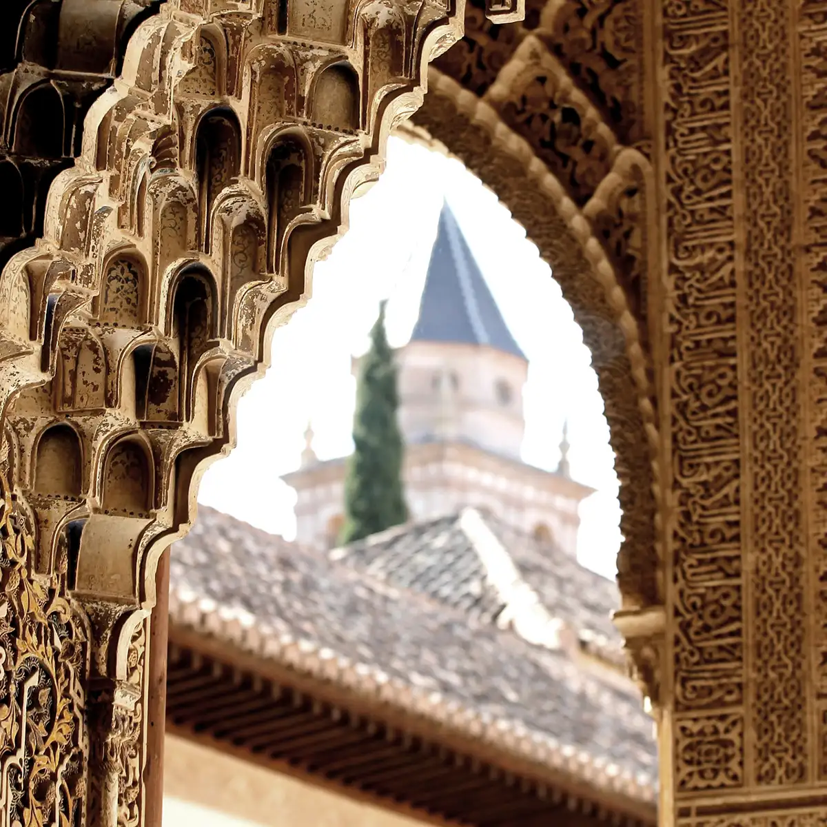 Arcos de piedra con detalles ornamentales y catedral antigua al fondo