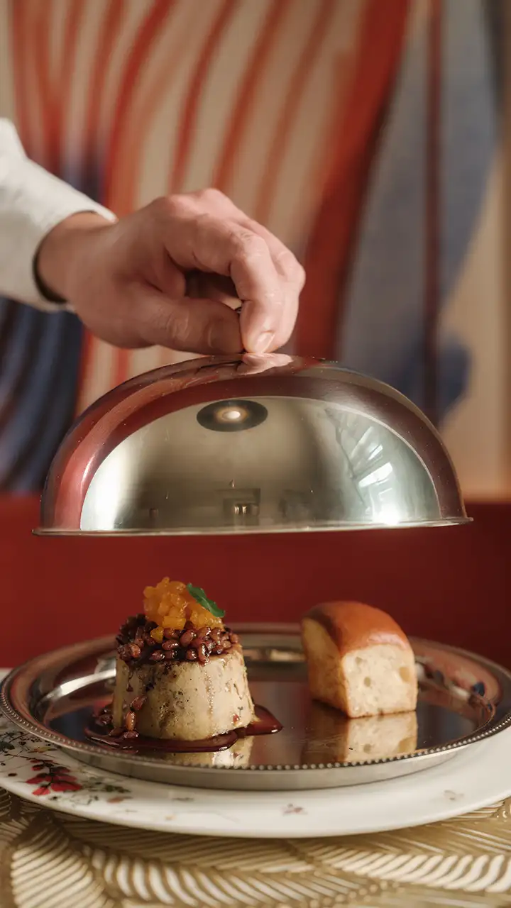 Cocinero emplatando un postre bajo campana de metal en bandeja.