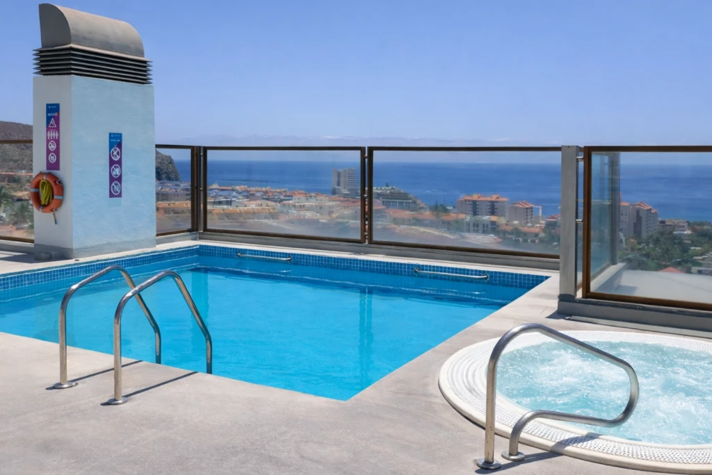 Piscina azul en terraza con vistas al mar y barandillas de vidrio