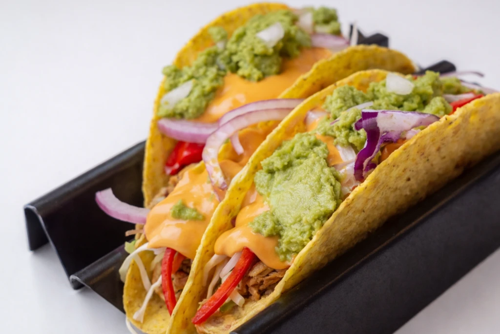 Tacos con verduras, salsa verde y cebolla morada en una bandeja.