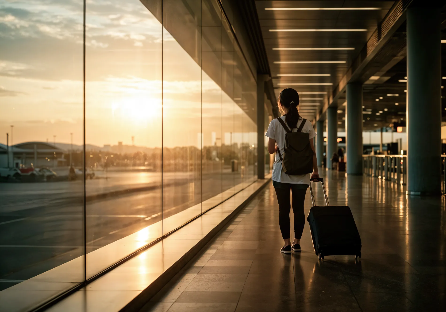 Pessoa andando no aeroporto ao nascer do sol com uma mala de rodinhas.