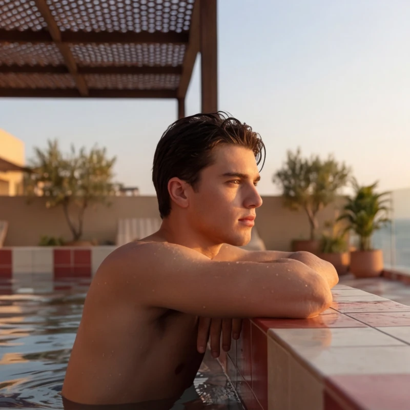 Hombre contemplando el horizonte desde una piscina al atardecer.