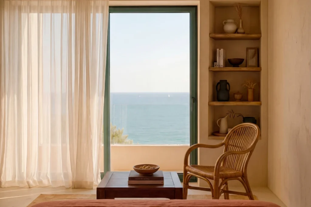 Ventana con vista al mar en una sala iluminada, silla de mimbre y estantes con decoraci&oacute;n simple.