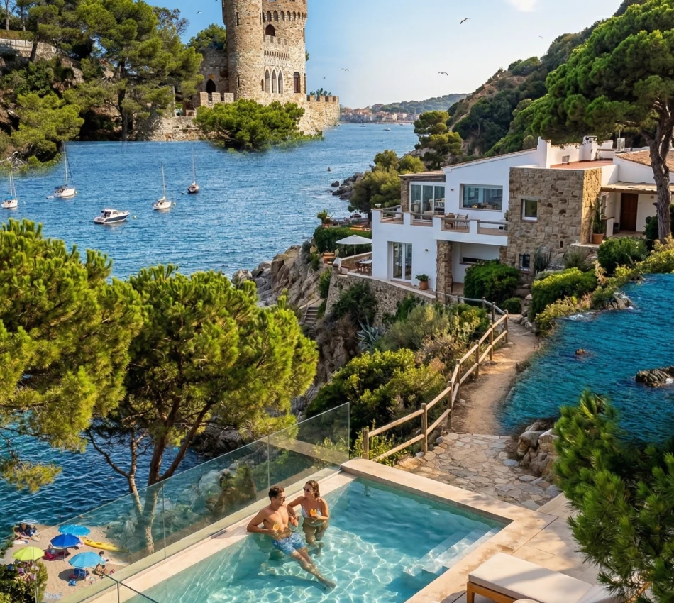 Casa y piscina sobre un acantilado con vista al mar, torre al fondo y numerosos barcos peque&ntilde;os.