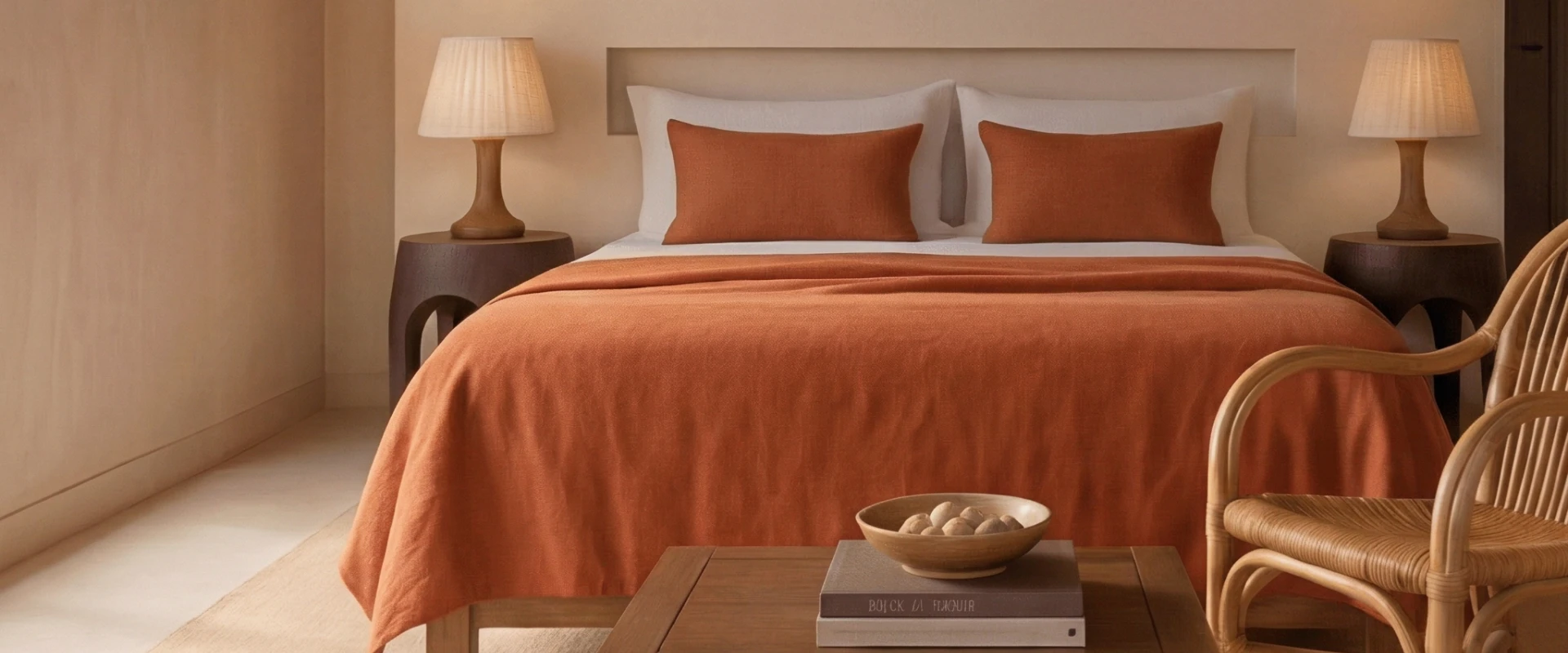 Habitaci&oacute;n con cama doble, ropa naranja, dos l&aacute;mparas y silla de mimbre al frente.