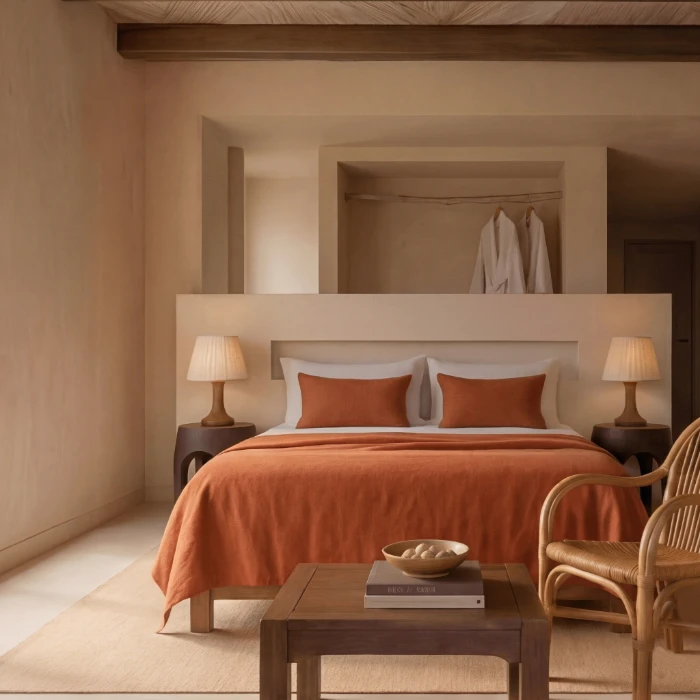 Habitaci&oacute;n con cama doble, l&aacute;mparas, silla de mimbre y tonos terracota en decoraci&oacute;n minimalista.