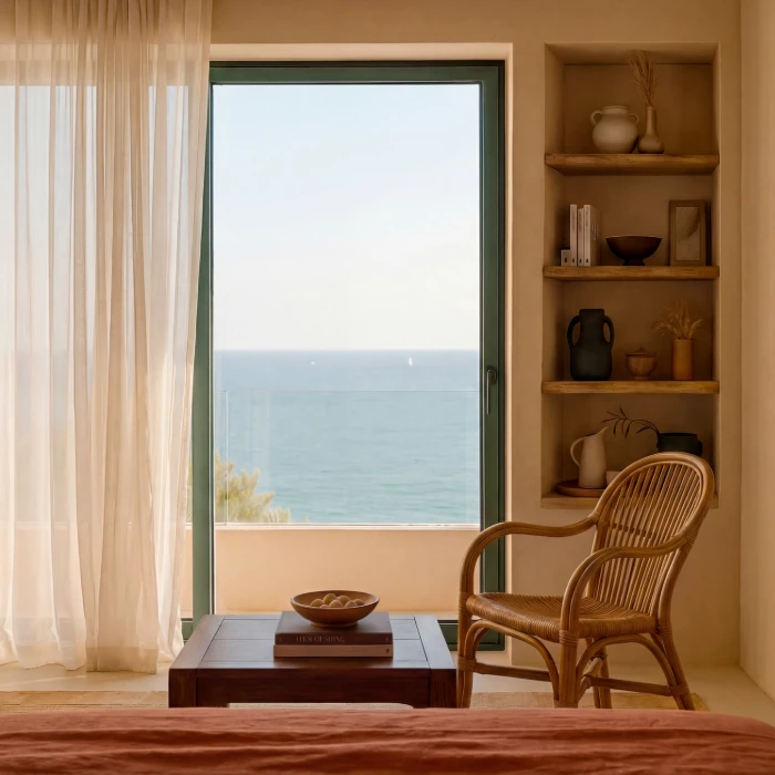 Habitaci&oacute;n luminosa con vistas al mar, silla de mimbre, mesa de madera y estanter&iacute;a decorativa.