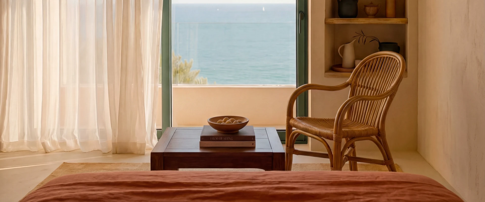 Habitaci&oacute;n luminosa con vista al mar, cortinas blancas, sill&oacute;n de mimbre y mesa de madera.
