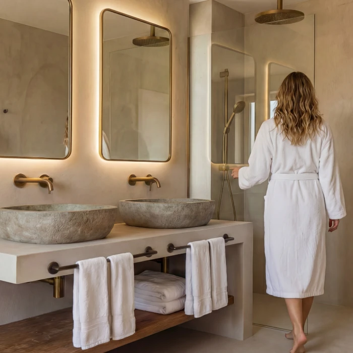 Mujer en ba&ntilde;o moderno con dos lavabos, espejos iluminados y ducha de vidrio.
