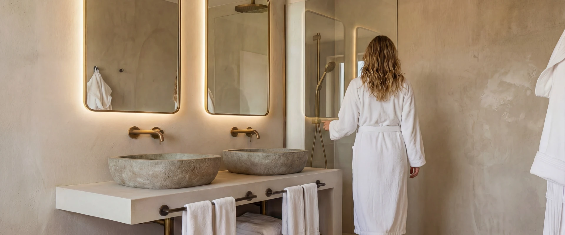 Persona en bata blanca entra a ducha en moderno ba&ntilde;o beige con dos lavabos y espejos iluminados.