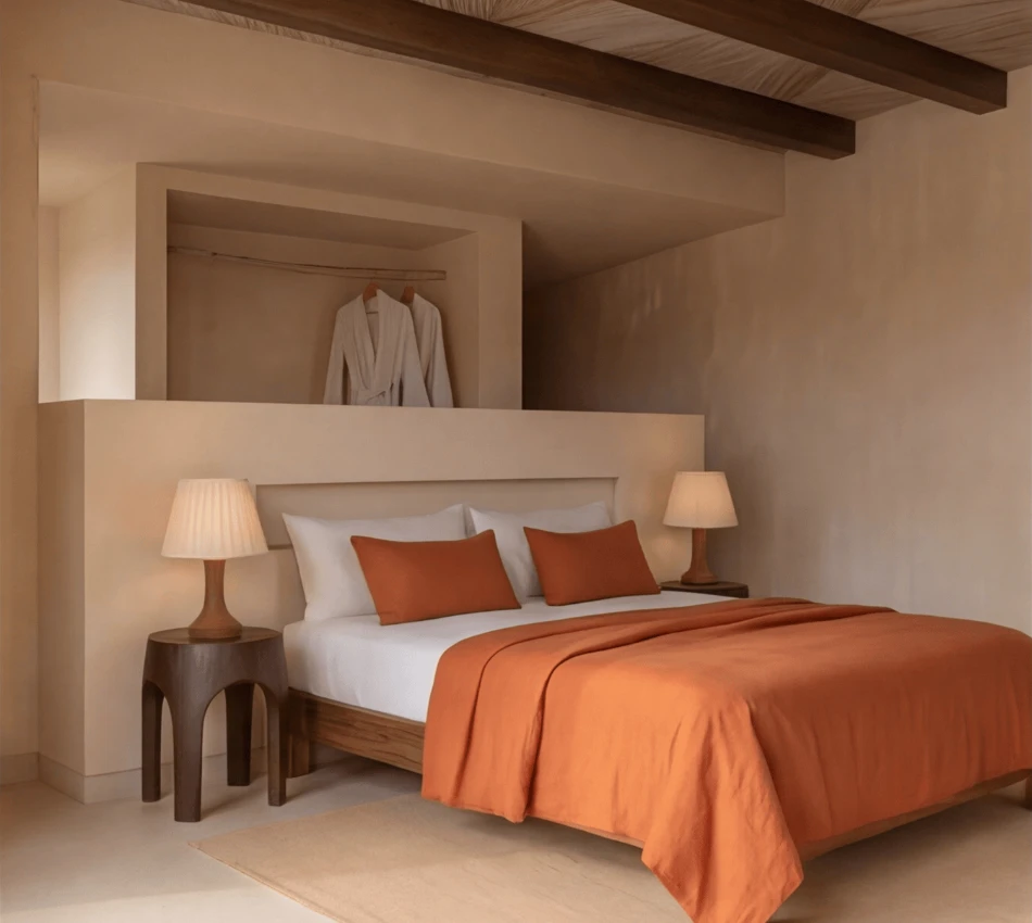 Dormitorio con cama de colcha naranja, l&aacute;mparas en mesas y bata colgada en el fondo.