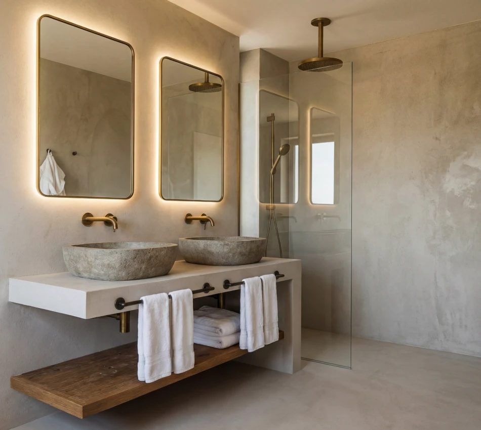 Ba&ntilde;o moderno con dos lavabos de piedra, espejos iluminados y ducha con vidrio transparente.