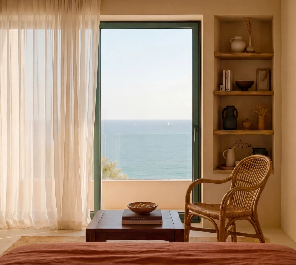 Habitaci&oacute;n con vista al mar, decoraci&oacute;n minimalista y tonos c&aacute;lidos, silla de mimbre y estanter&iacute;a.
