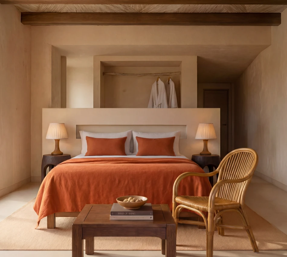 Dormitorio acogedor con cama con colcha naranja, l&aacute;mparas, silla de mimbre y mesa con libros.