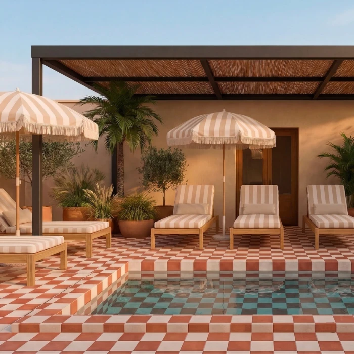 Terraza con sombrillas y tumbonas rayadas junto a una peque&ntilde;a piscina y plantas decorativas.