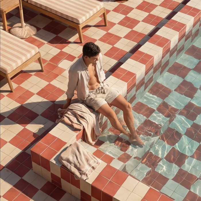 Hombre sentado al borde de una piscina, con azulejos rojos y blancos, pies en el agua.