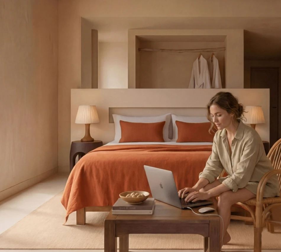 Mujer usando una laptop sentada en una habitaci&oacute;n con cama y l&aacute;mparas de tonos c&aacute;lidos.