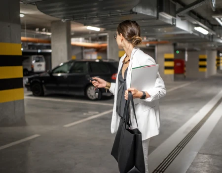 Mujer en un estacionamiento, sosteniendo documentos y una bolsa.