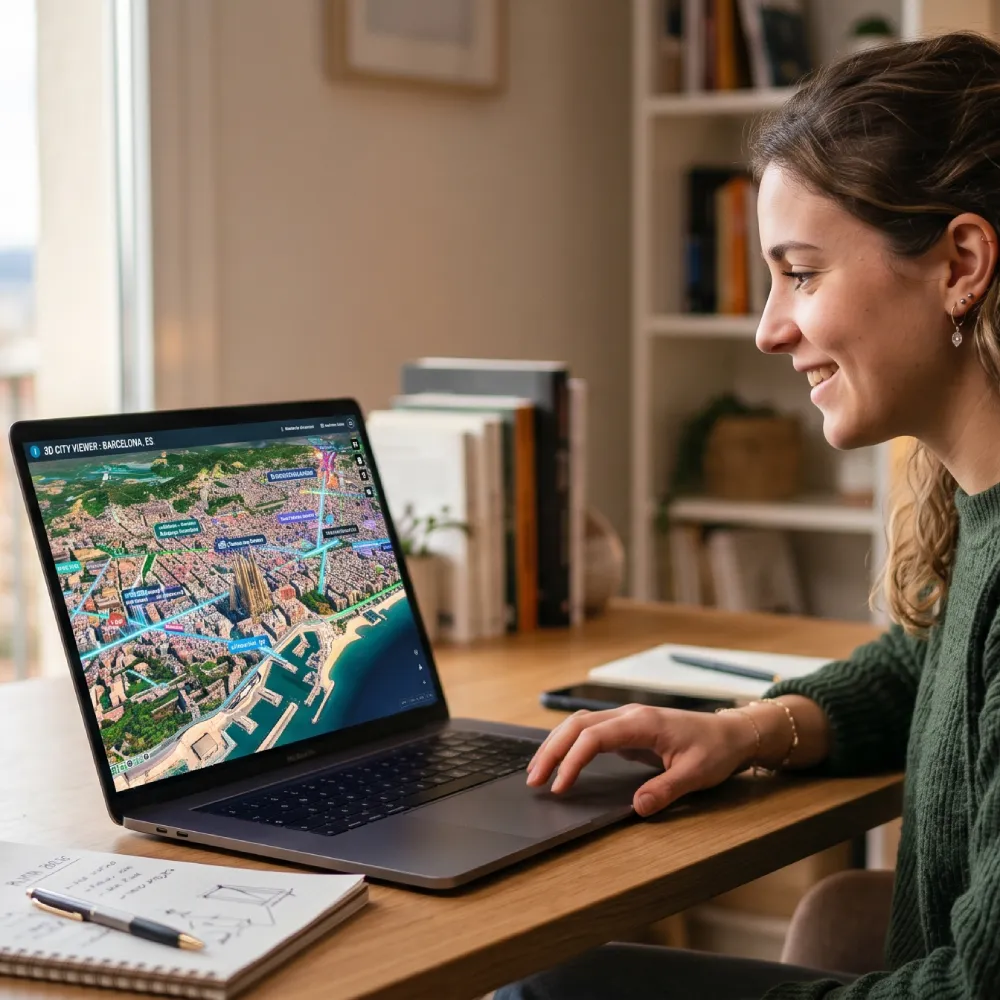 Mujer sonriendo mientras usa un mapa 3D de Barcelona en su computadora port&aacute;til.